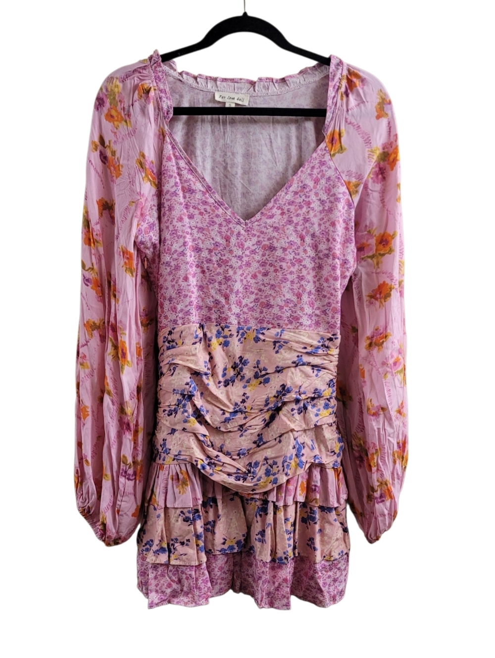 For Love Bell Pink Floral Tiered Mini Dress with Puff Sleeves - Women's Small - Picture 5 of 11